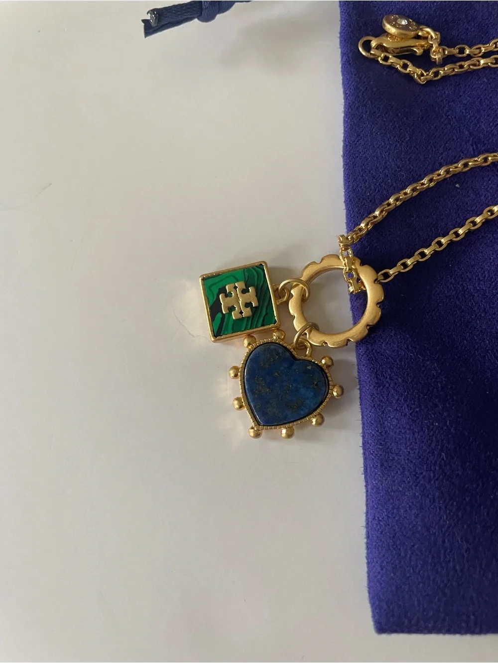 Tory Burch Gold Necklace with Blue Heart and Green Enamel Square Charms